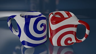 3D Rendered Red and Blue Swirl Mugs on Blue Background
