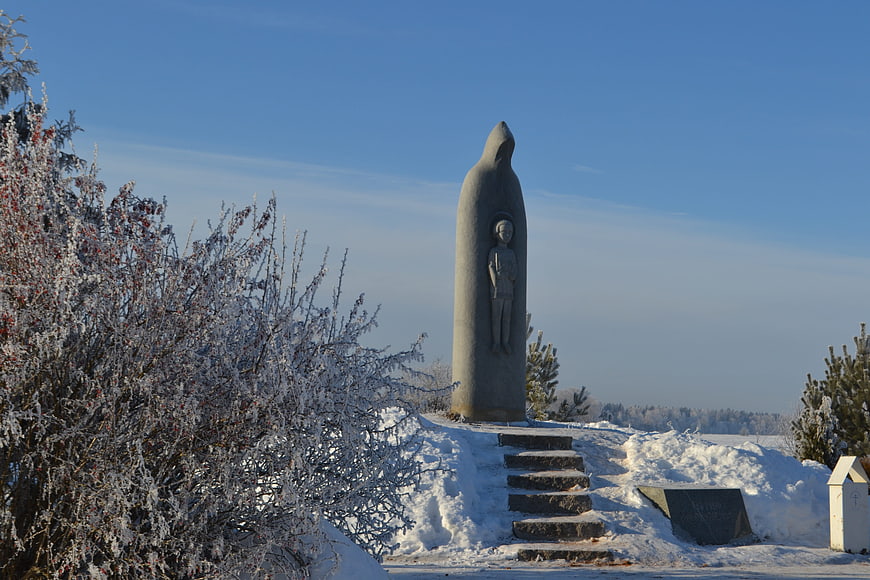 Winter Landscape with Stone Monument and Snow-Covered Trees