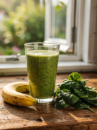 Healthy Green Smoothie with Banana and Spinach on Wooden Table