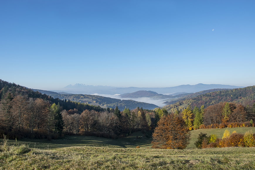 Autumn mountain landscape with fog and blue sky