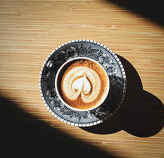 Top View of Latte Art Heart on Wooden Table