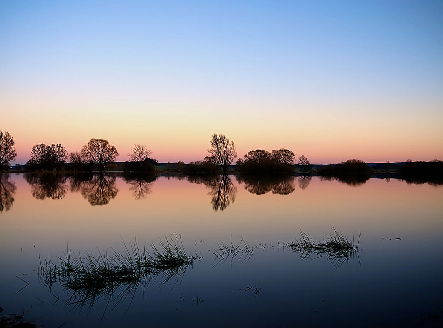 Serene Lake Reflection at Sunset with Silhouetted Trees