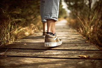 Person Walking on Wooden Path in Nature