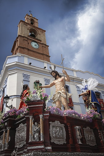 Risen Christ Statue on Easter Float in Spanish Town Square