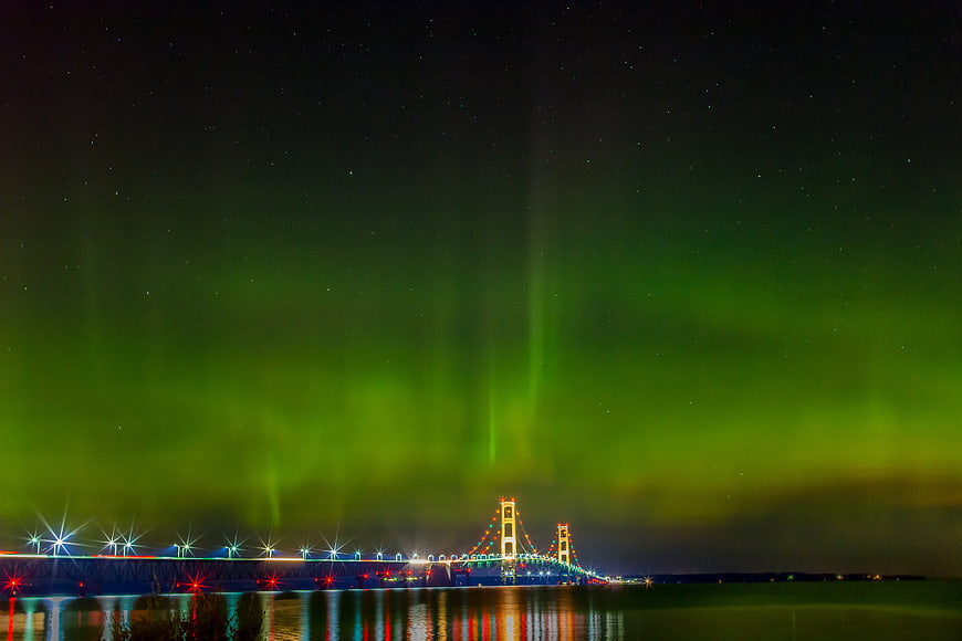 Aurora Borealis Over The Mackinac Bridge At Night