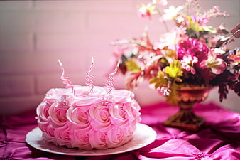 Pink Rose Buttercream Cake with Candles and Flowers