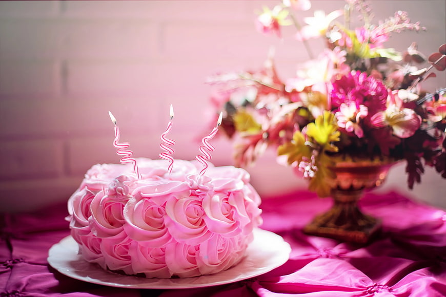 Pink Rose Buttercream Cake with Candles and Flowers