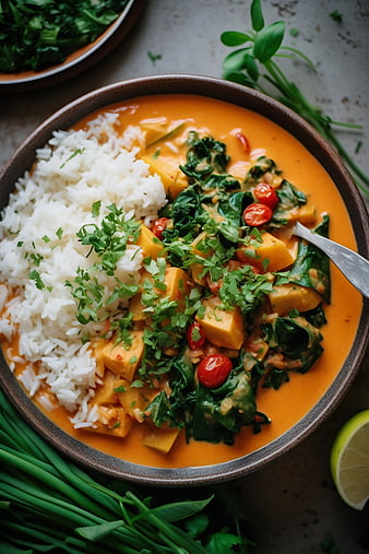 Overhead view of vegan pumpkin curry with rice and herbs