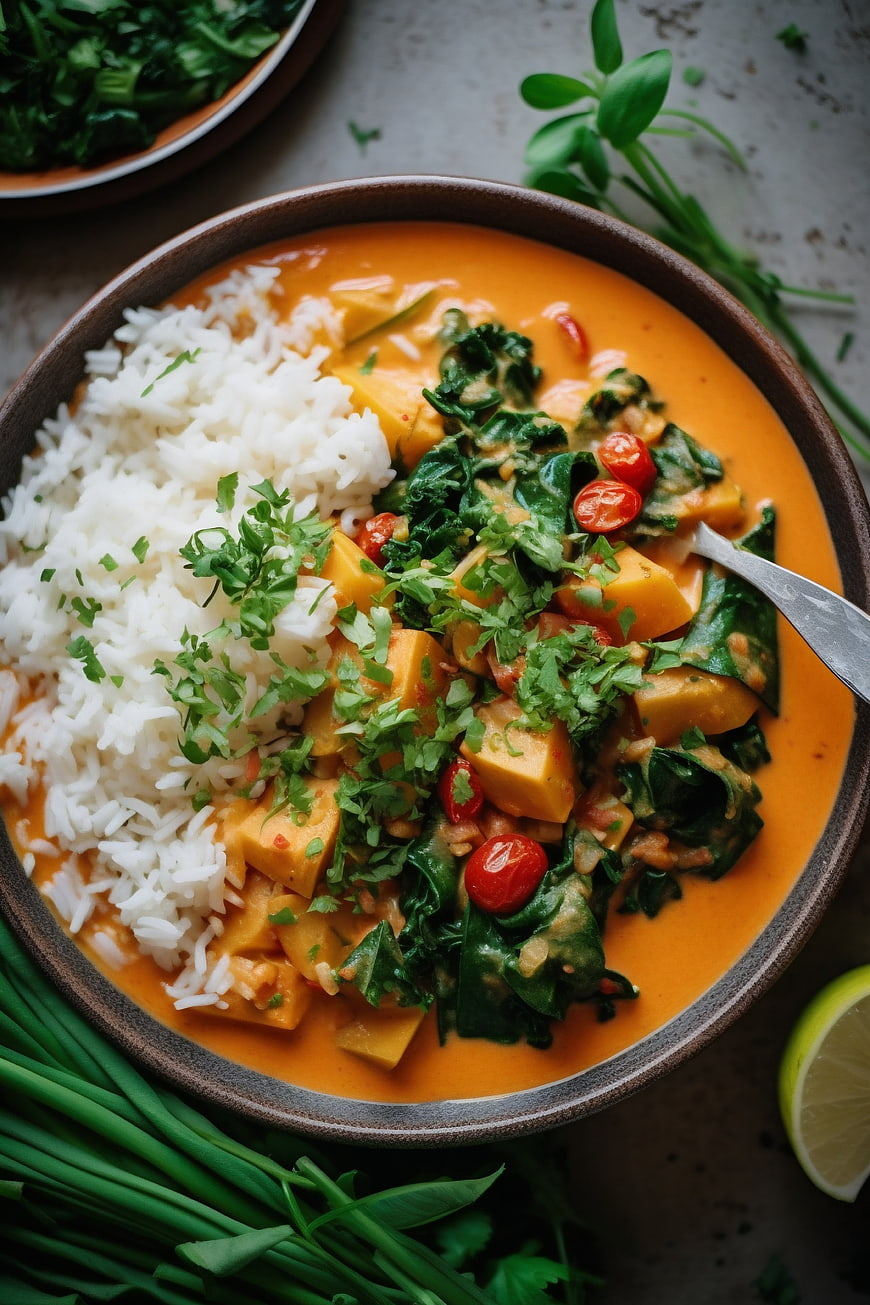 Overhead view of vegan pumpkin curry with rice and herbs