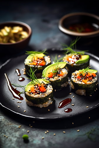 Gourmet vegan sushi rolls with avocado and sesame seeds on dark plate