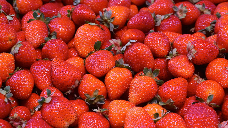 Close-up of fresh ripe red strawberries filling the frame