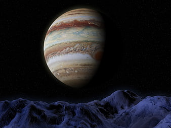 Jupiter rising over icy alien landscape in deep space