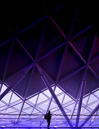 Silhouette of traveler under purple geometric airport ceiling