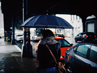 Woman with Umbrella Waiting for Taxi in Rainy City