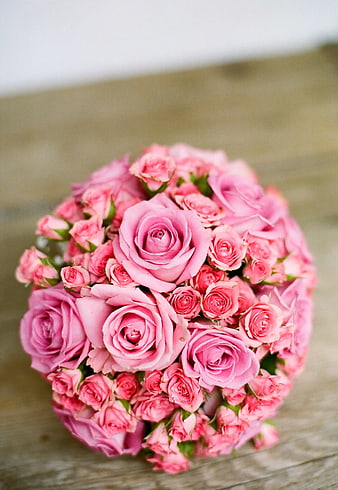 Pink Rose Bouquet on Wooden Table