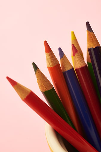 Colorful Pencils in Cup on Pink Background