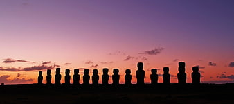 Silhouettes of Moai Statues at Sunset on Easter Island