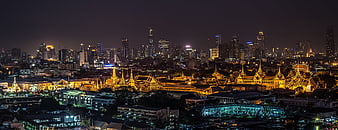 Night Panorama of Bangkok Grand Palace and City Skyline