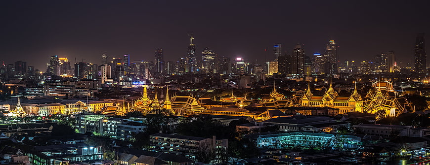 Night Panorama of Bangkok Grand Palace and City Skyline
