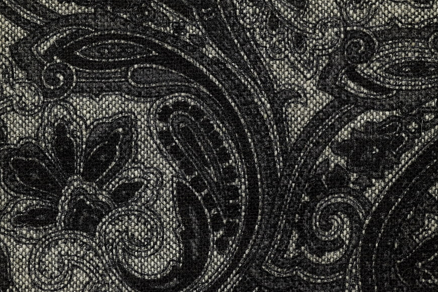 Close-up of black and white paisley woven fabric texture