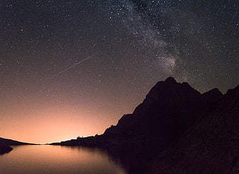 Milky Way and Shooting Star Over Mountain Lake Silhouette