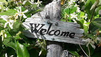 Rustic Welcome Sign in Garden with White Flowers