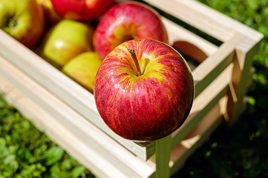 Fresh Red Apple in Wooden Crate on Grass