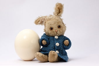 Sad Stuffed Bunny in Blue Sweater with Large White Egg