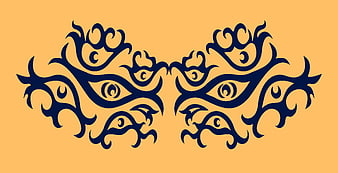 Symmetrical Blue Tribal Eye Pattern on Yellow Background