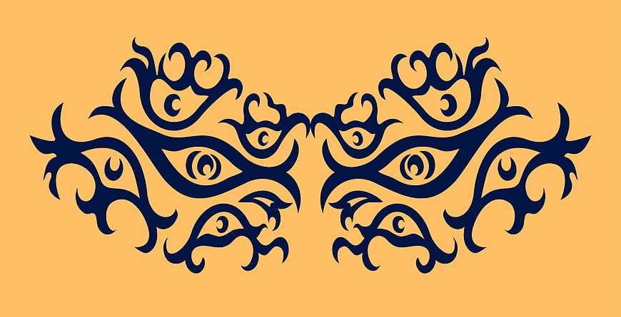 Symmetrical Blue Tribal Eye Pattern on Yellow Background