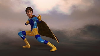 3D Rendered Young Male Superhero in Blue and Gold Suit