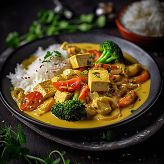 Vegan tofu curry with rice and vegetables on dark plate