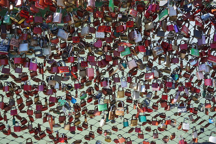 Colorful Love Locks on Metal Fence Grid