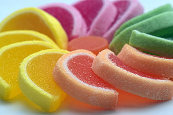 Close-up of colorful sugar-coated fruit gummy candies