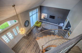 High Angle View of Modern Foyer and Living Room