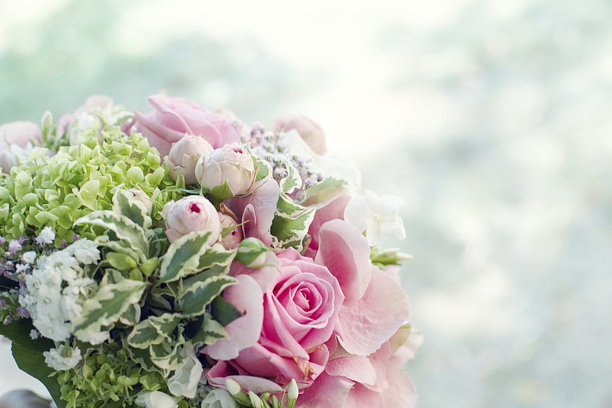 Soft Pink and Green Wedding Bouquet with Copyspace