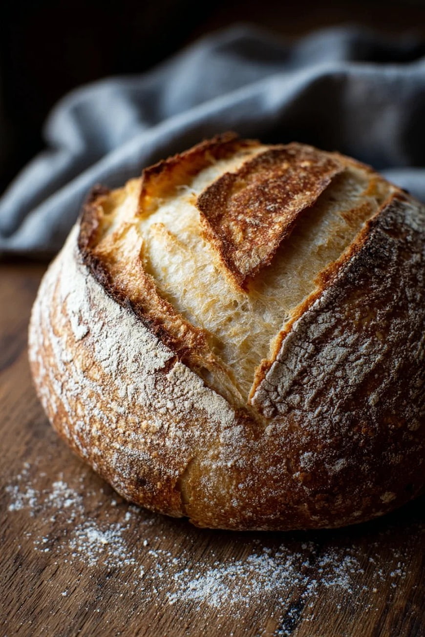 Rustic Artisan Sourdough Bread Loaf on Wooden Table