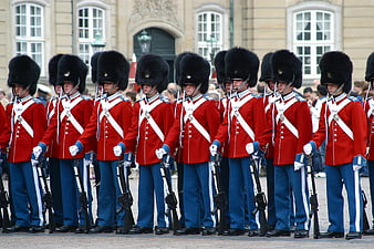 Royal Life Guards in Red Uniforms and Bearskin Hats