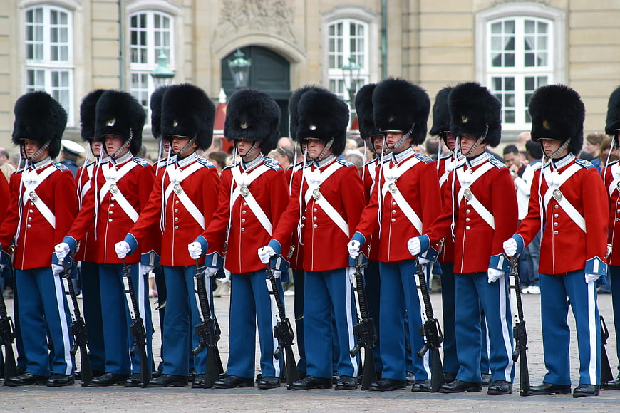 Royal Life Guards in Red Uniforms and Bearskin Hats