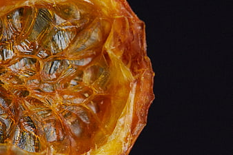 Macro shot of dried orange slice texture on black background