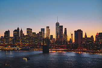 New York City Skyline at Dusk with Brooklyn Bridge