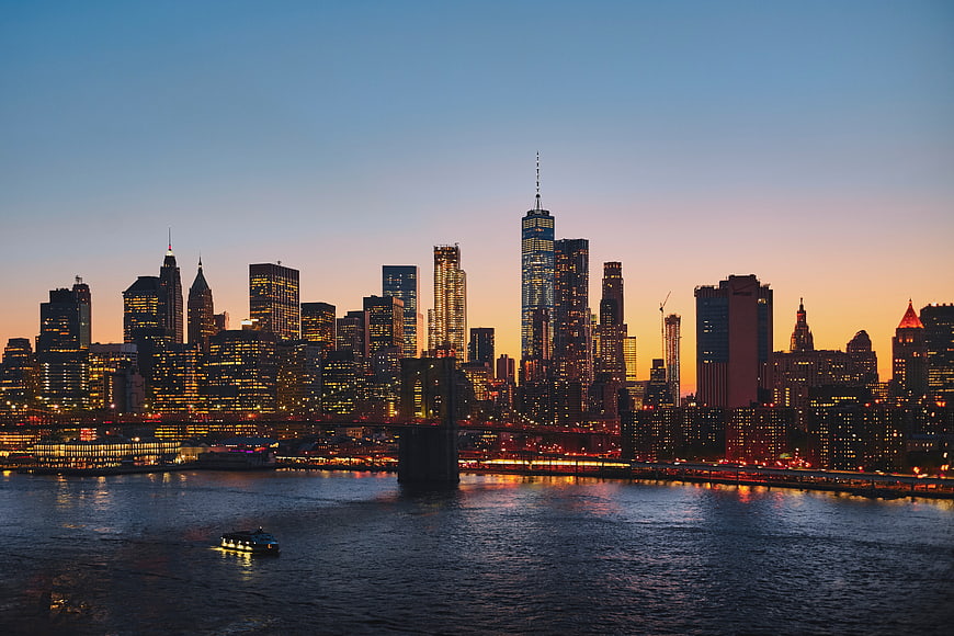 New York City Skyline at Dusk with Brooklyn Bridge