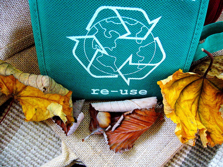 Teal reusable bag with recycle symbol and autumn leaves