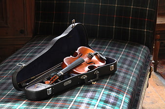 Violin in open case on plaid chair