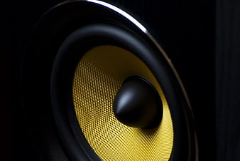 Close-up of yellow speaker cone with black surround
