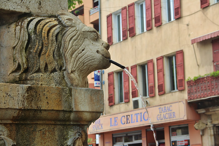 Stone Lion Head Fountain Spouting Water in French Town