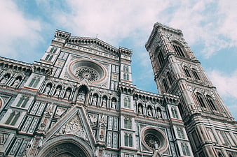 Low Angle View of Florence Cathedral Facade and Bell Tower