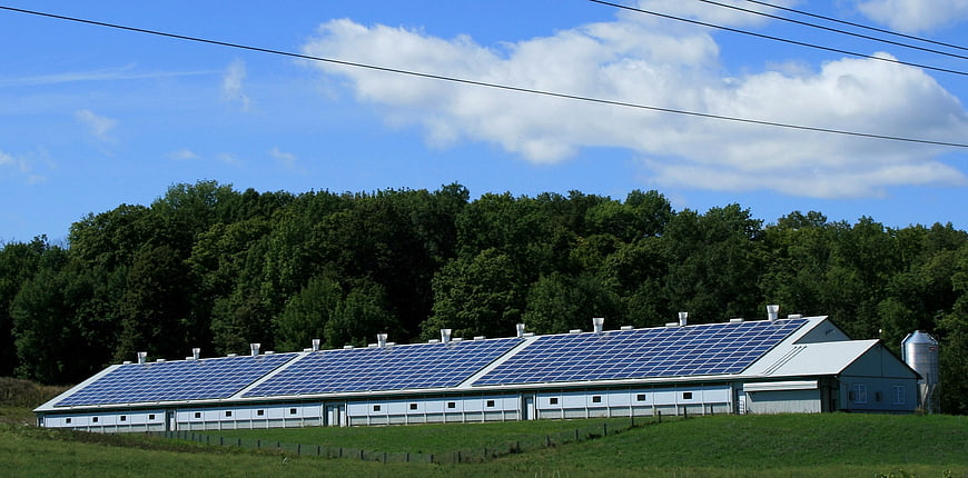 Solar panels on a large barn roof in a green field