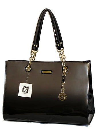 Black Patent Leather Tote Bag With Gold Chain Details