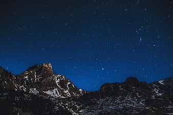 Starry Night Sky Over Snowy Mountain Peaks